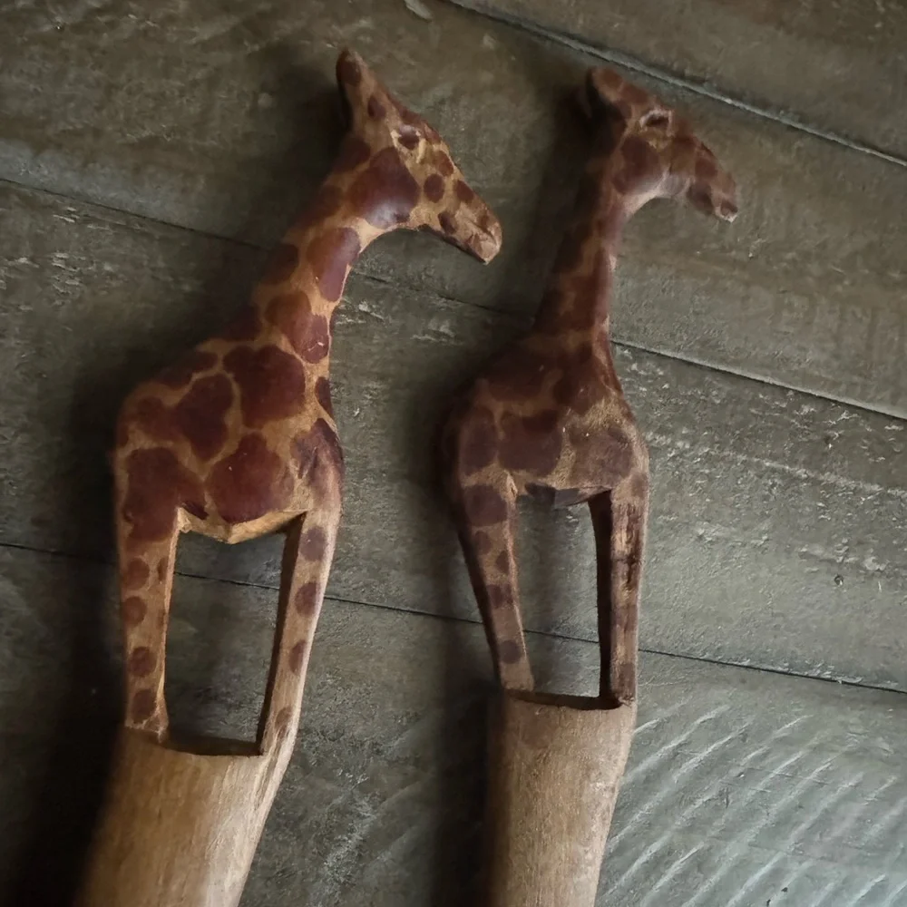 African Hardwood Teak Spoon Fork Spatula Giraffe Handle Salad Serving Set